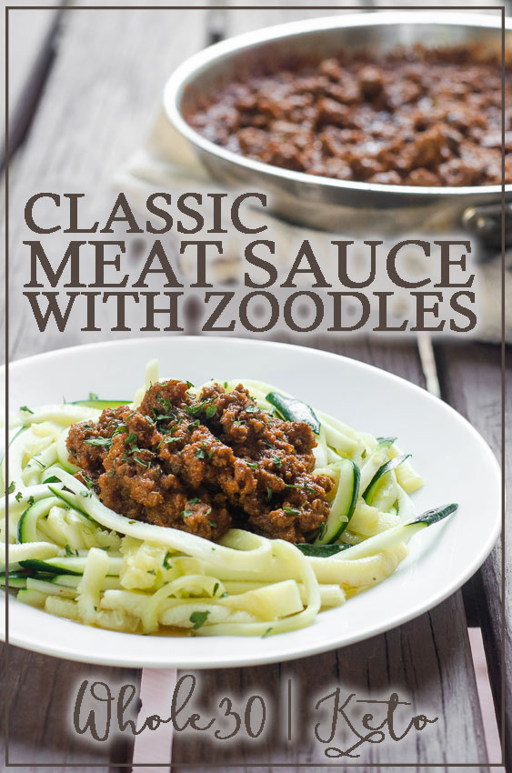 A deliciously simple meal, ready in under 30 minutes, this classic meat sauce with zoodles will be a big hit with the family! Low-carb, ketogenic, Whole30, Paleo, gluten-free, grain-free, dairy-free and nut-free.