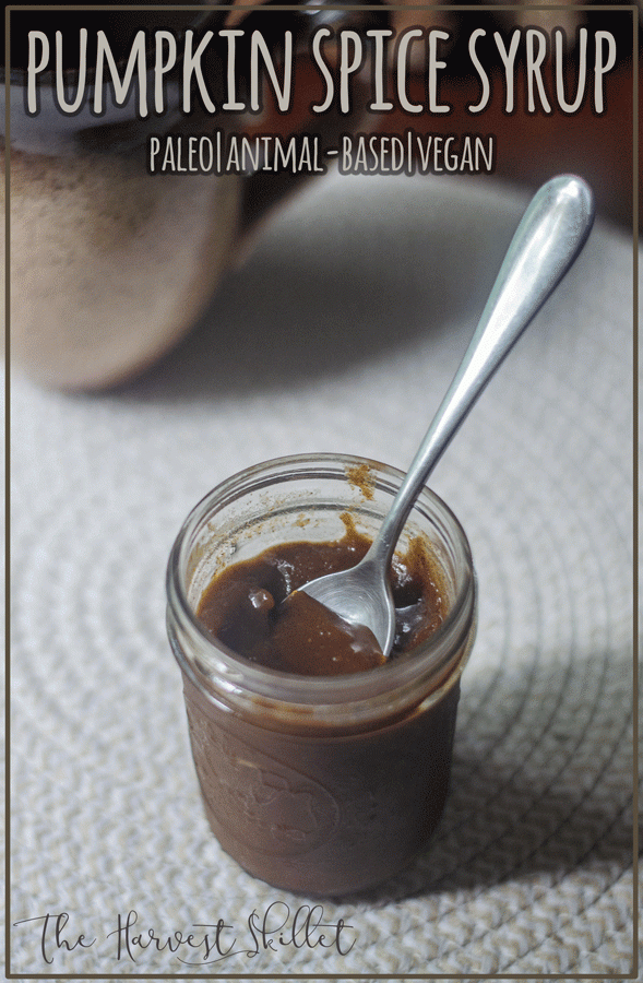 A delicious pumpkin spice syrup made with either honey or maple syrup for a rich, delectable treat. Animal-based, paleo, keto option, vegan option.