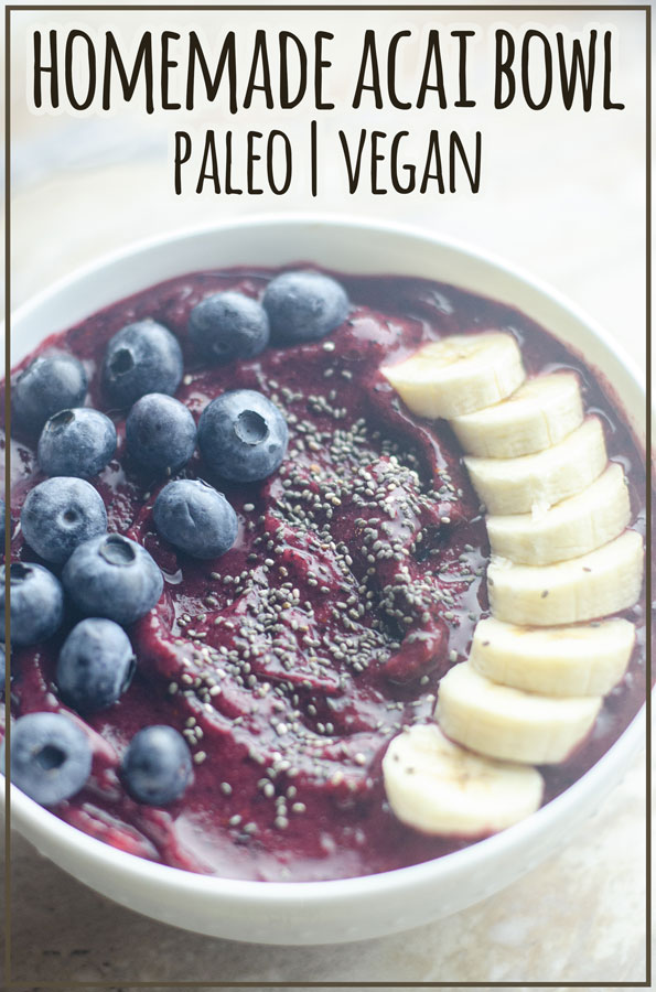 This homemade acai bowl is a delicious warm weather treat, and can easily be made at home in just a few minutes! These are vegan, paleo, gluten-free, dairy-free.