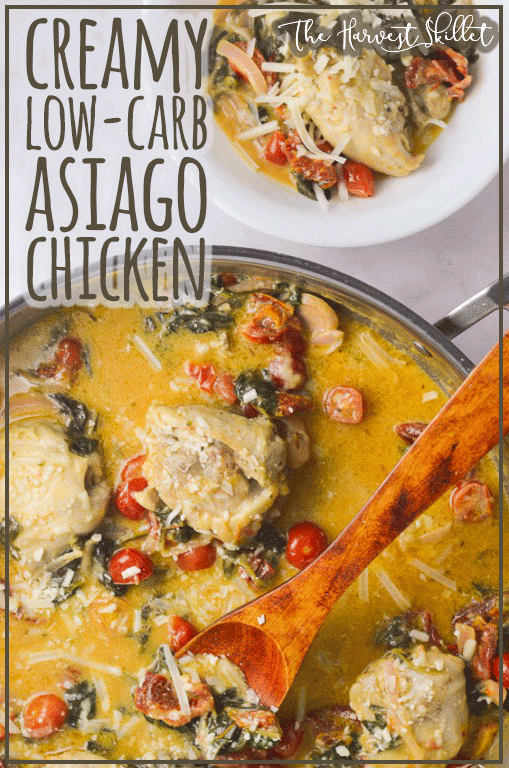 This super creamy Asiago chicken with spinach and tomatoes is so quick and easy, it can be made in one skillet in under a half an hour! Keto, low-carb, gluten-free, grain-free.
