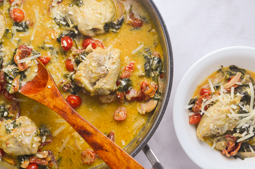 This super creamy Asiago chicken with spinach and tomatoes is so quick and easy, it can be made in one skillet in under a half an hour! Keto, low-carb, gluten-free, grain-free.