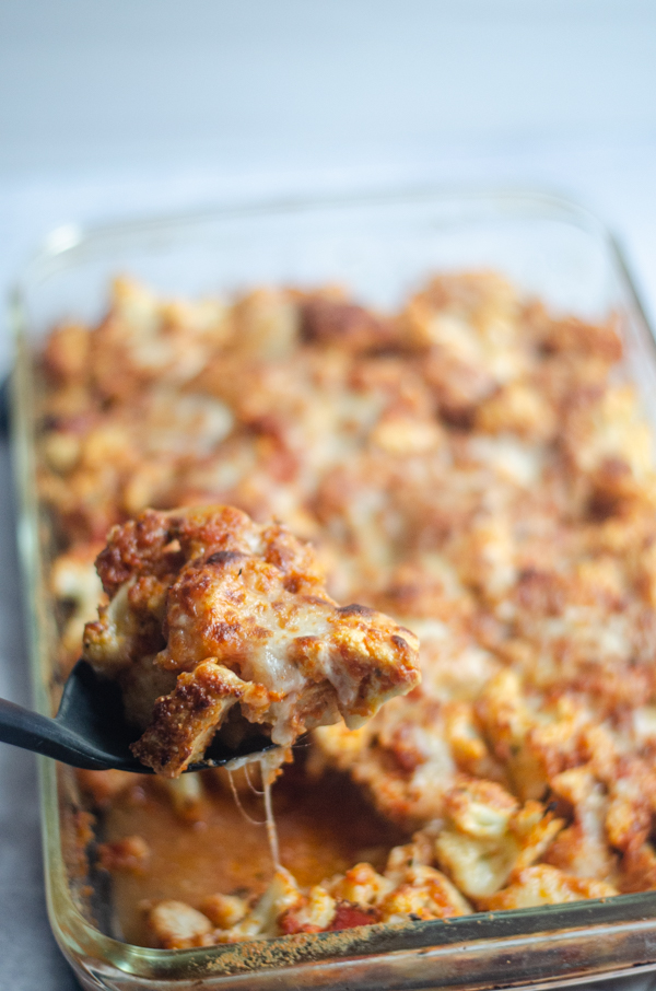 A super-cheesy and filling meal, this Chicken Parmesan Casserole is easy to make for any night of the week. Low-carb, gluten-free, grain-free.