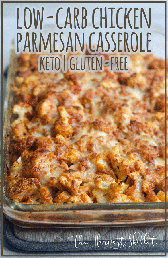 A super-cheesy and filling meal, this Chicken Parmesan Casserole is easy to make for any night of the week. Low-carb, gluten-free, grain-free.