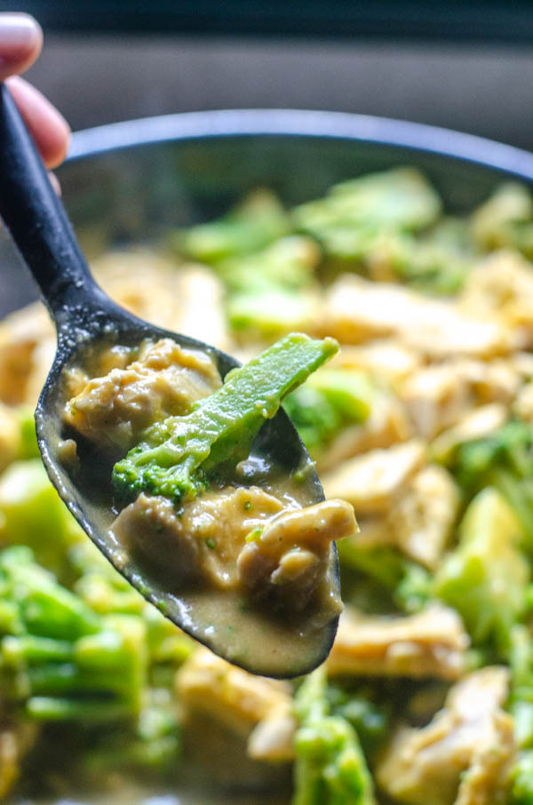 The perfect comforting dinner for cooler weather, this creamy pumpkin chicken with broccoli and sage will put a smile on your face! Paleo, Whole30, low-carb, dairy-free.