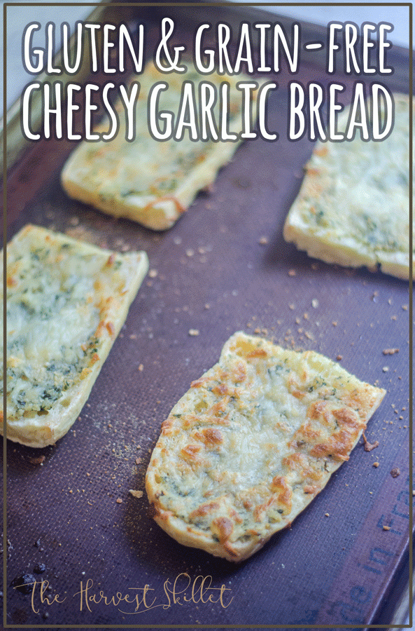 This grain-free cheesy garlic bread is so delicious that everyone will ask for seconds! Crunchy, cheesy and filled with ooey-gooey roasted garlic.