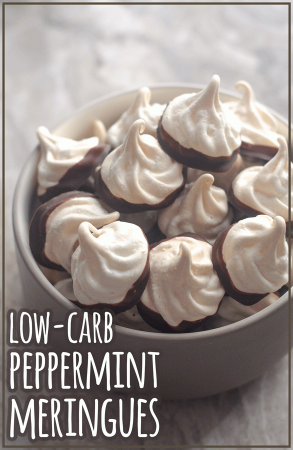 A delicious holiday treat, these low-carb peppermint meringues are light, fluffy and delicious! Paleo, gluten-free, sugar-free.