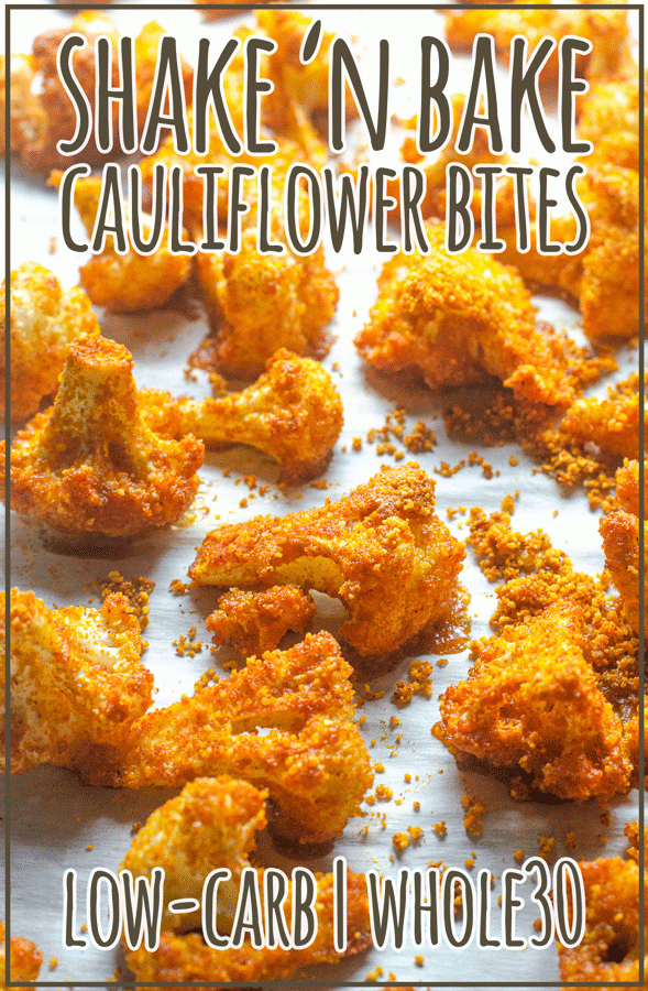 A delicious low-carb side dish or appetizer, these shake 'n bake cauliflower bites are easy to make and super tasty! Paleo, Whole30, vegan, keto.