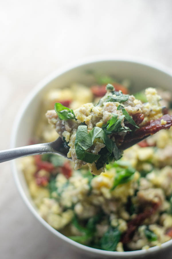 An incredibly easy one pan meal, this sun-dried tomato basil breakfast skillet can really be made for any meal! Gluten-free, grain-free, low-carb, ketogenic and dairy-free. 