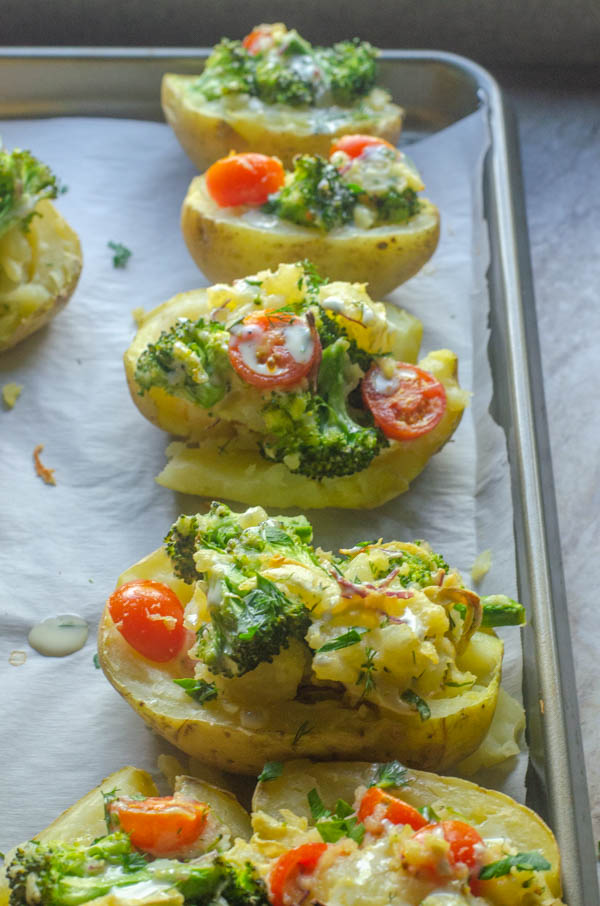 These twice-baked veggie ranch potatoes are a super-flavorful and simple side dish! Whole30, paleo, dairy-free, vegetarian.