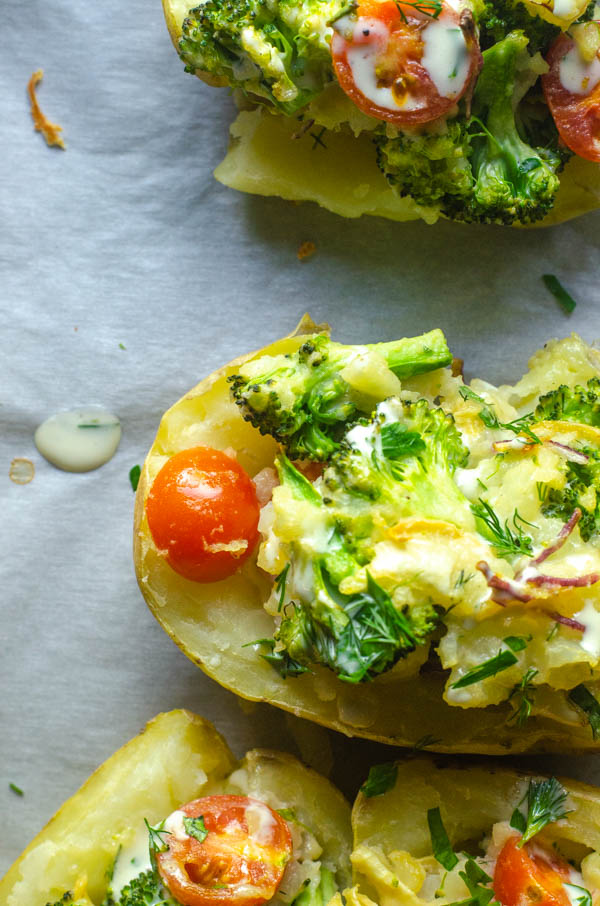 These twice-baked veggie ranch potatoes are a super-flavorful and simple side dish! Whole30, paleo, dairy-free, vegetarian.