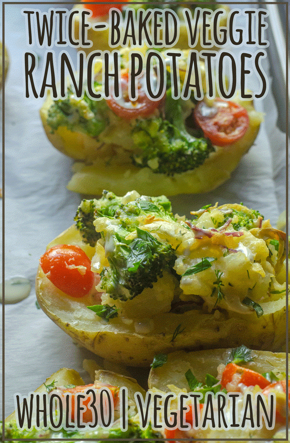 These twice-baked veggie ranch potatoes are a super-flavorful and simple side dish! Whole30, paleo, dairy-free, vegetarian.